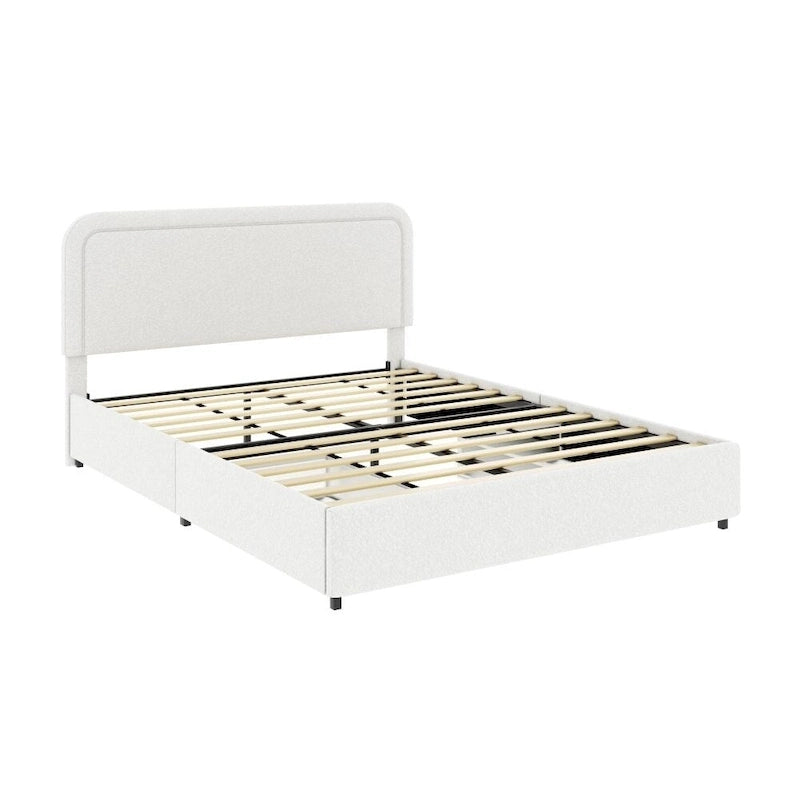Estructura de cama con almacenaje tapizada en bouclé color marfil — Queen, 2 personas