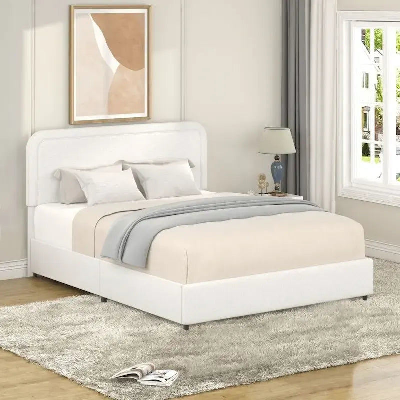 Estructura de cama con almacenaje tapizada en bouclé color marfil — Queen, 2 personas