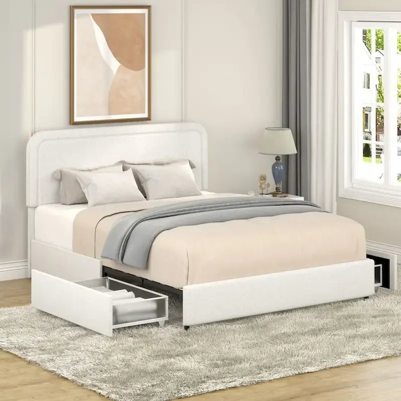 Estructura de cama con almacenaje tapizada en bouclé color marfil — Queen, 2 personas