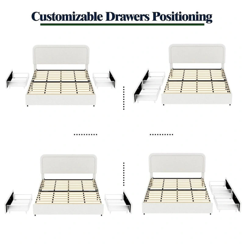Estructura de cama con almacenaje tapizada en bouclé color marfil — Queen, 2 personas