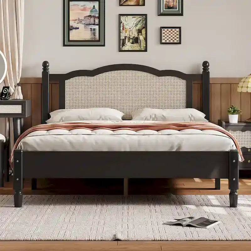 Cama de plataforma con cabecero de ratán negro / nogal, tamaños Full y Queen