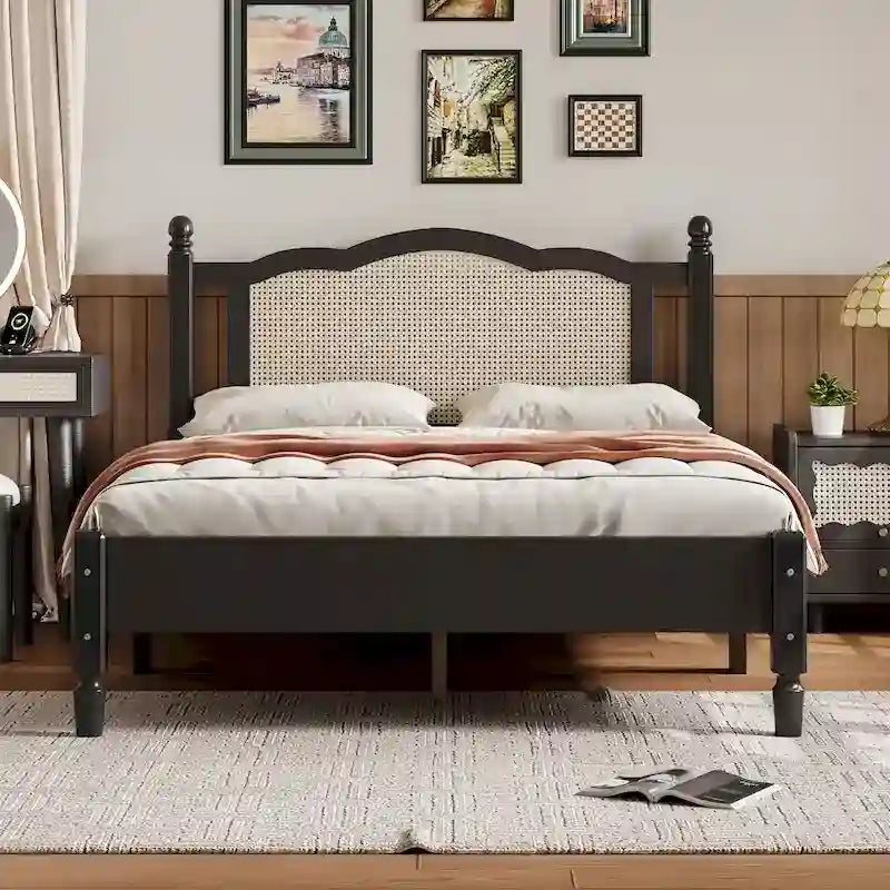 Cama de plataforma con cabecero de ratán negro / nogal, tamaños Full y Queen