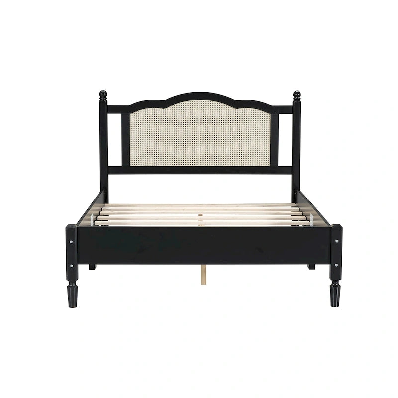 Cama de plataforma con cabecero de ratán negro / nogal, tamaños Full y Queen