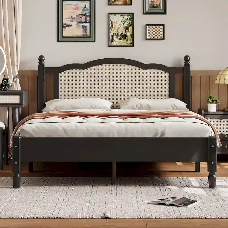 Cama de plataforma con cabecero de ratán negro / nogal, tamaños Full y Queen