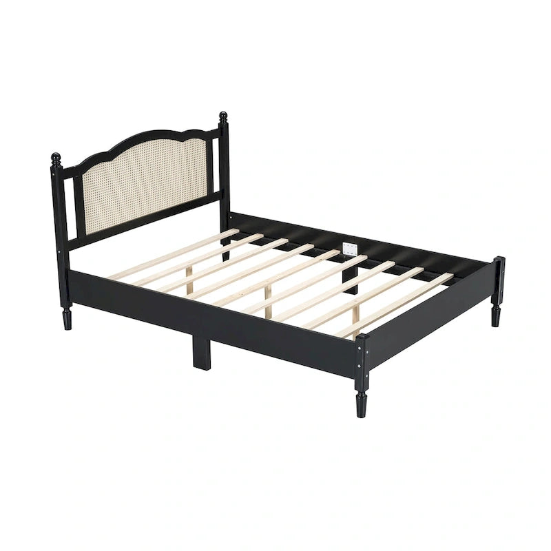 Cama de plataforma con cabecero de ratán negro / nogal, tamaños Full y Queen