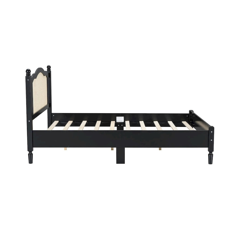 Cama de plataforma con cabecero de ratán negro / nogal, tamaños Full y Queen