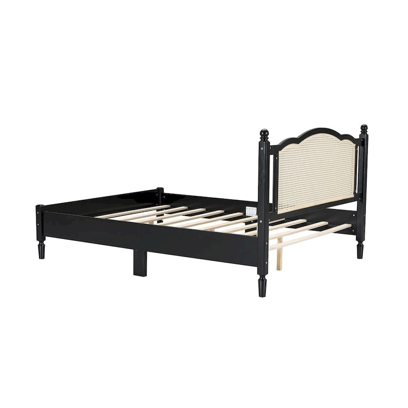 Cama de plataforma con cabecero de ratán negro / nogal, tamaños Full y Queen