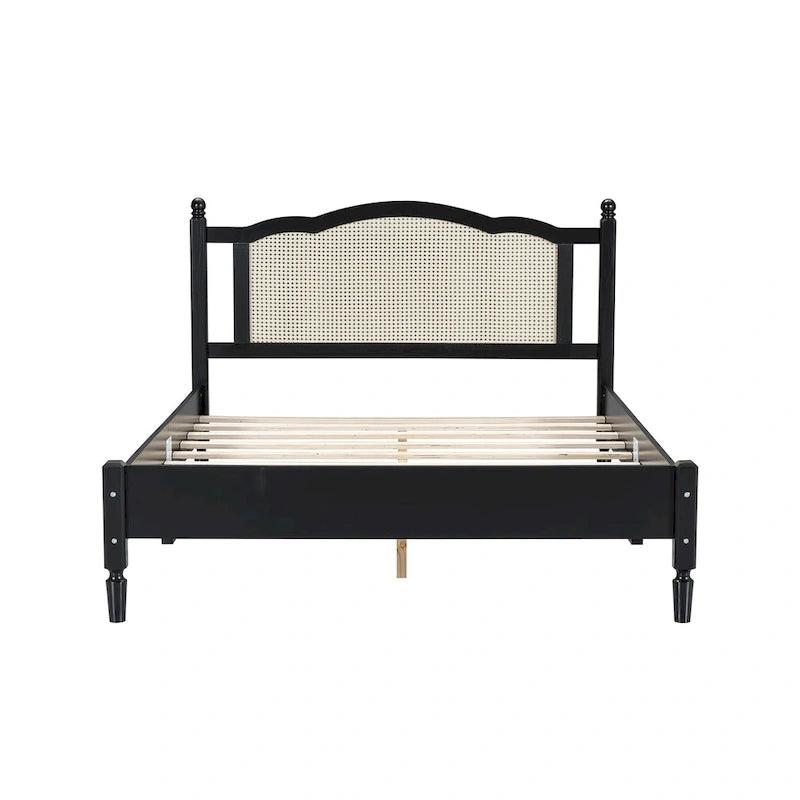 Cama de plataforma con cabecero de ratán negro / nogal, tamaños Full y Queen
