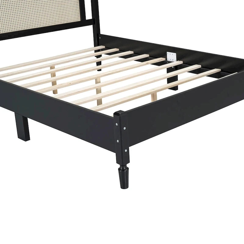 Cama de plataforma con cabecero de ratán negro / nogal, tamaños Full y Queen