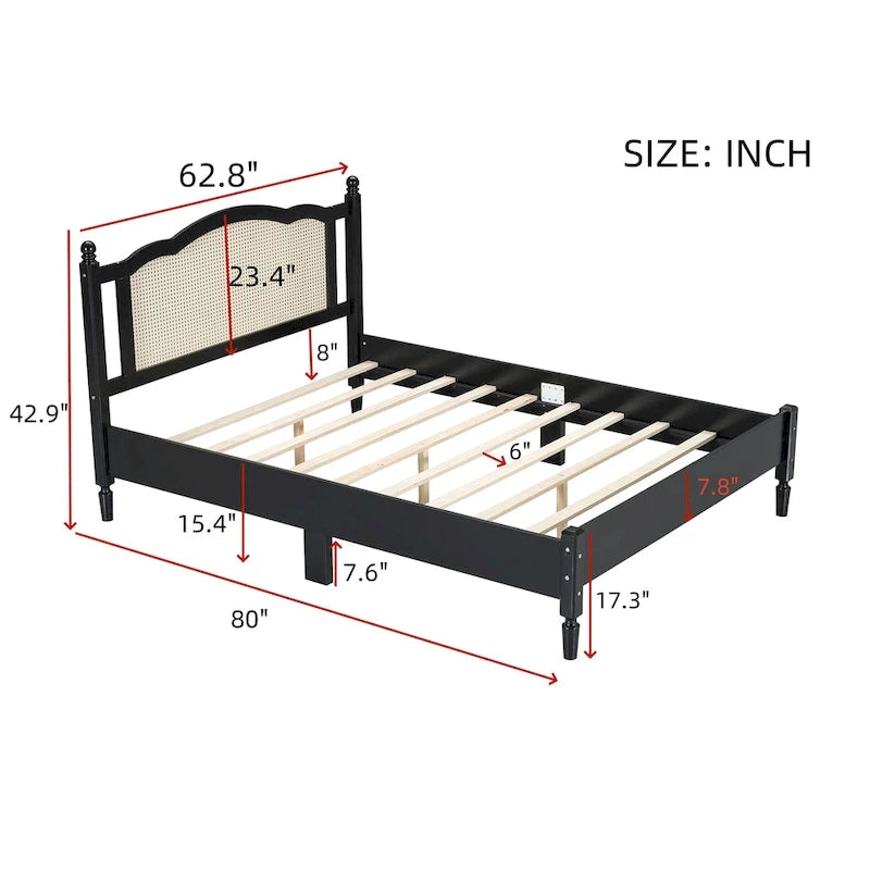 Cama de plataforma con cabecero de ratán negro / nogal, tamaños Full y Queen