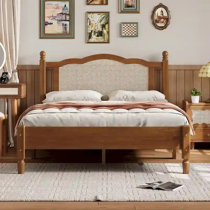 Cama de plataforma con cabecero de ratán negro / nogal, tamaños Full y Queen