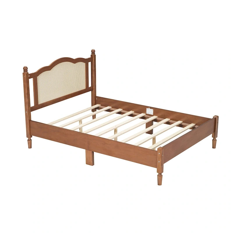 Cama de plataforma con cabecero de ratán negro / nogal, tamaños Full y Queen