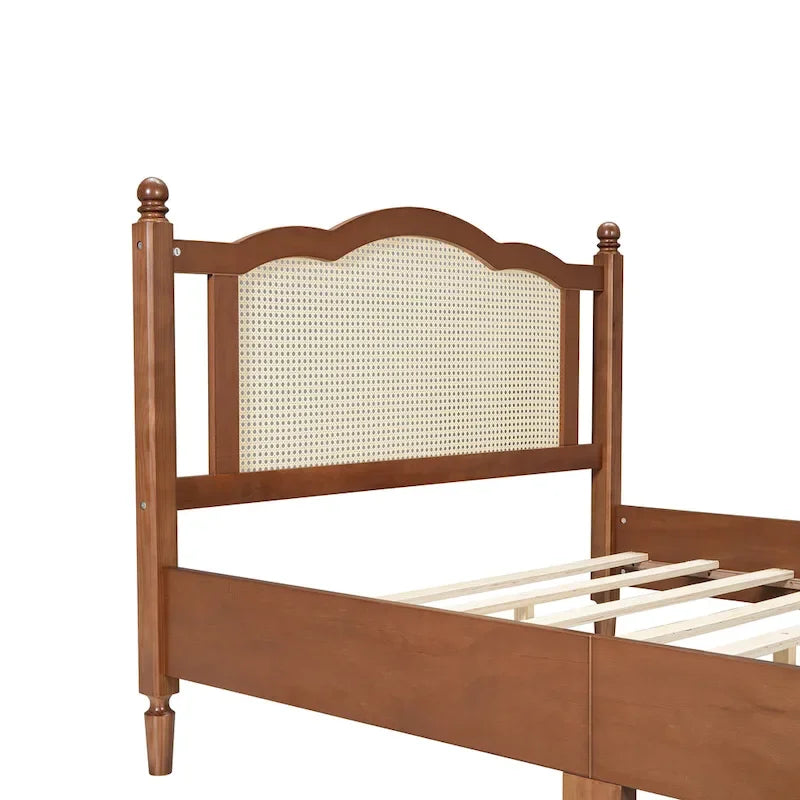 Cama de plataforma con cabecero de ratán negro / nogal, tamaños Full y Queen