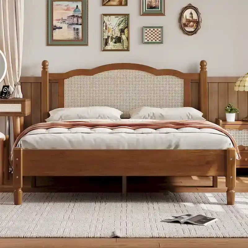 Cama de plataforma con cabecero de ratán negro / nogal, tamaños Full y Queen