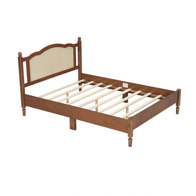 Cama de plataforma con cabecero de ratán negro / nogal, tamaños Full y Queen