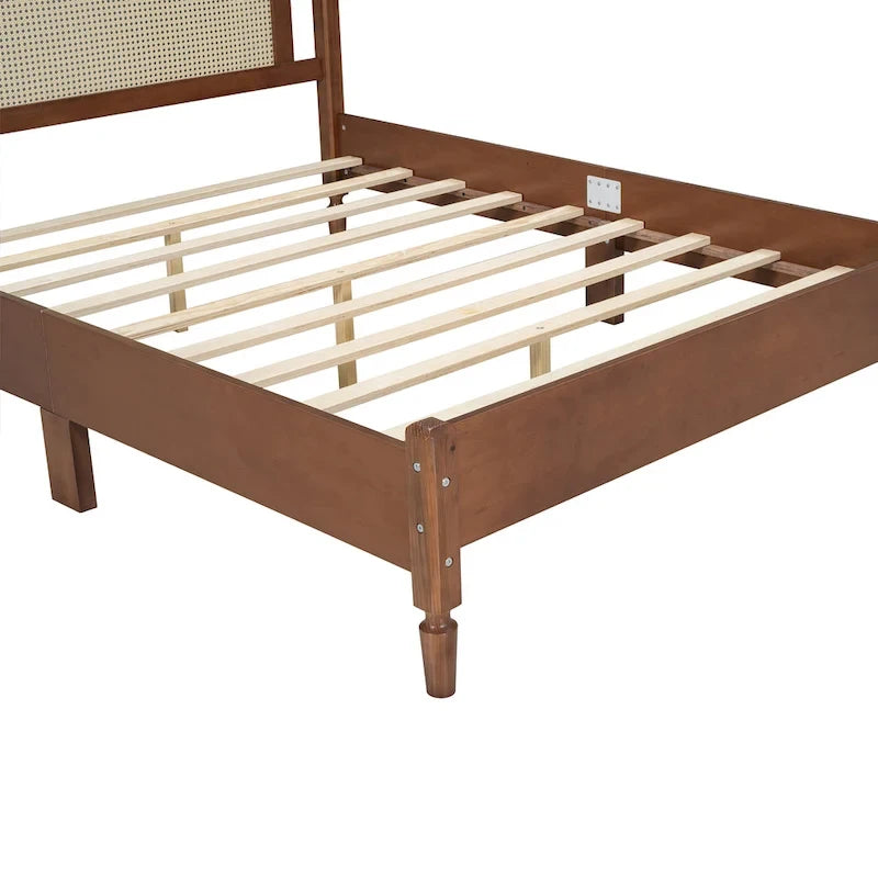 Cama de plataforma con cabecero de ratán negro / nogal, tamaños Full y Queen