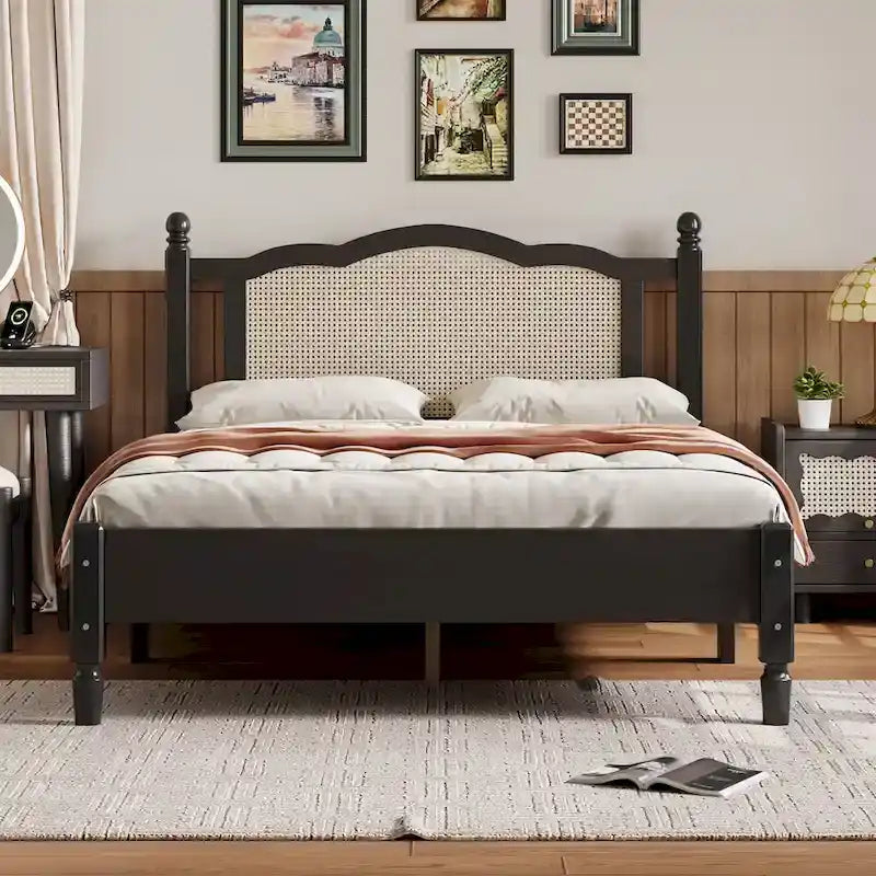 Cama de plataforma con cabecero de ratán negro / nogal, tamaños Full y Queen