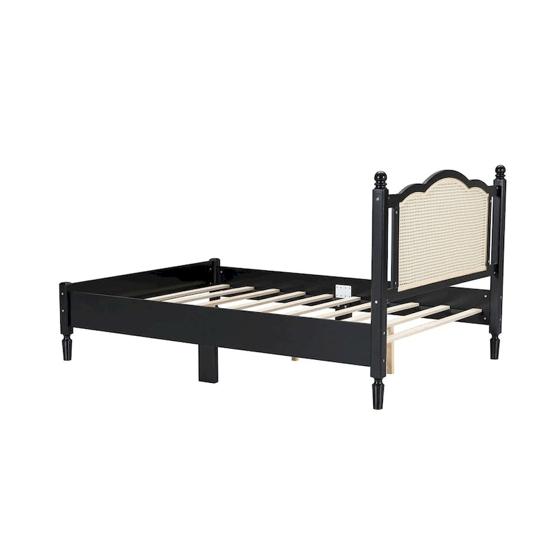 Cama de plataforma con cabecero de ratán negro / nogal, tamaños Full y Queen