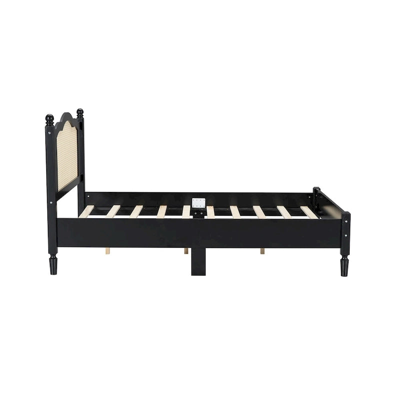 Cama de plataforma con cabecero de ratán negro / nogal, tamaños Full y Queen