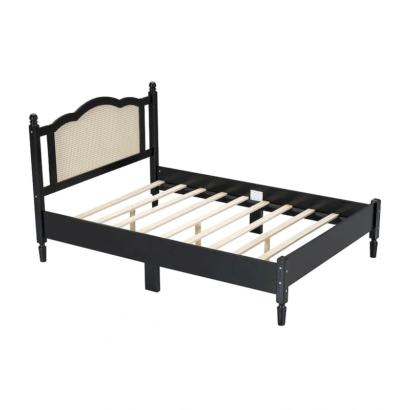 Cama de plataforma con cabecero de ratán negro / nogal, tamaños Full y Queen