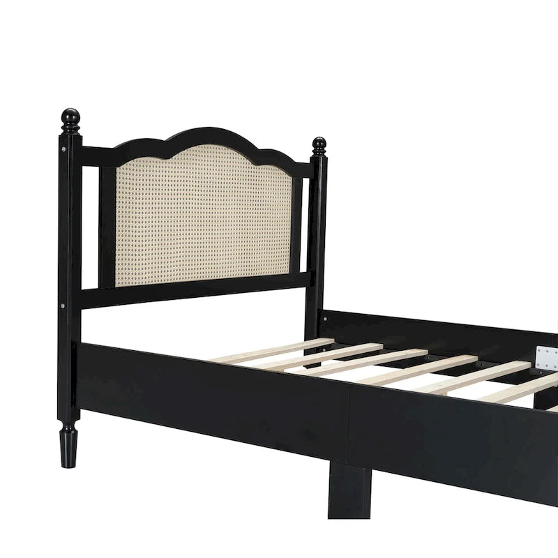 Cama de plataforma con cabecero de ratán negro / nogal, tamaños Full y Queen